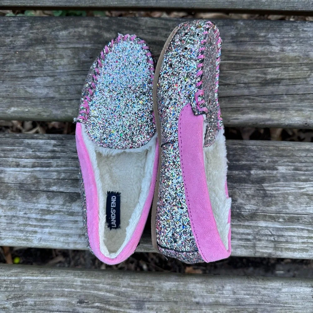 Lands End Girls Pink Glitter Faux‎ Fur Moccasin Slippers Multi Color Size 5